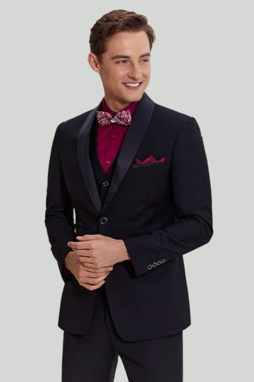 Costume à revers châle Coupe ajustée 3 pièces pour homme noir